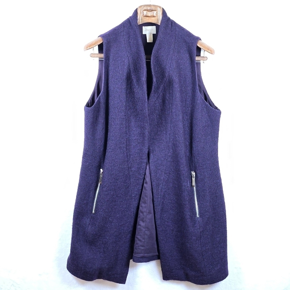 Chico’s 100% Boiled Wool Sleeveless Long Vest Zipper Pockets Lined Sz.1 M/8